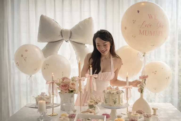 Woman in a pink dress smiles at a pastel birthday table with roses, candles, and balloons reading 'We Love You Mummy'