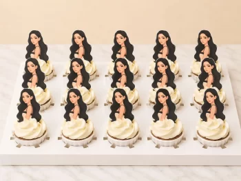 edible icing print with white frosting for corporate event cupcake