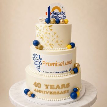 Four-tier white anniversary cake with gold leaf accents, blue and gold spheres, pearl borders, and Promiseland logo celebrating 40 years of anniversary.
