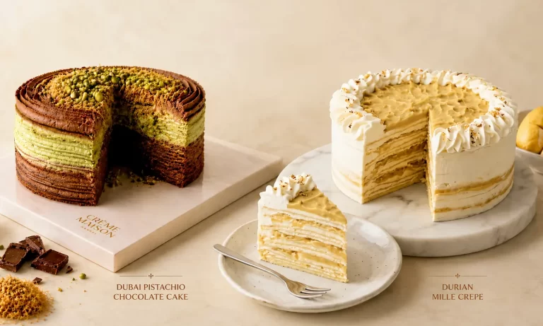 Two tiered cakes on a marble counter: pistachio chocolate cake with layered chocolate curls on the left and a durian mille-crepe cake on the right; a slice is plated on a white plate with a fork.