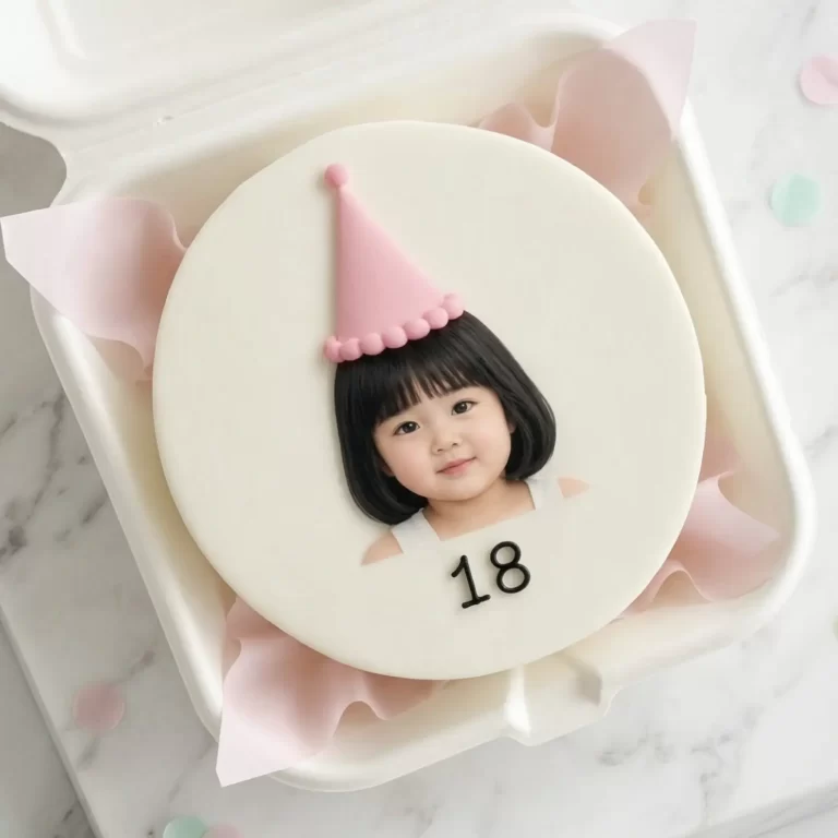 Round cake with a photo portrait of a young girl wearing a pink party hat and the number 18 on the front, pastel decorations in the background.