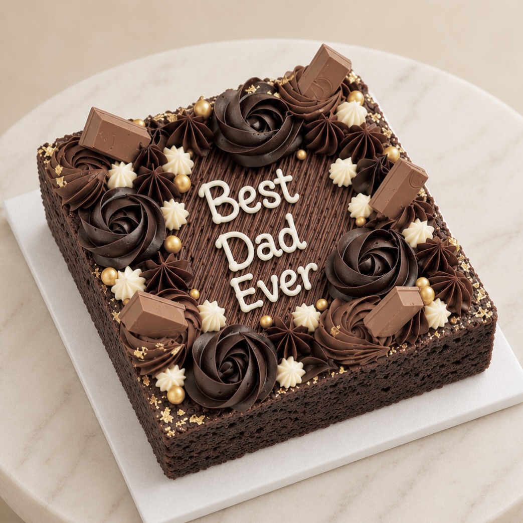 Chocolate square cake with chocolate swirls, white accents, and pieces of chocolate, reading 'Best Dad Ever' on top.