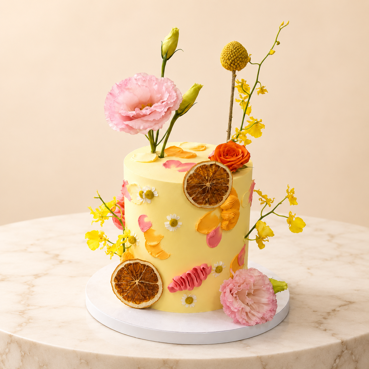 Two-tier yellow cake adorned with pink, white, and orange flowers, dried orange slices, and yellow floral accents on a marble surface.