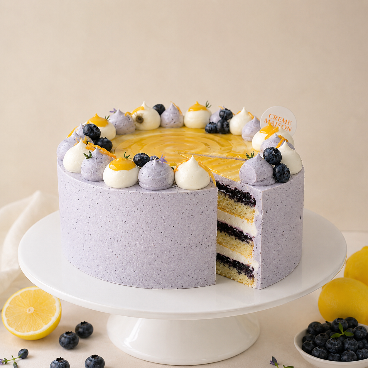 Lavender-frosted layered cake with blueberry toppings and lemon curd accents; a slice reveals yellow sponge and cream layers with berry filling.