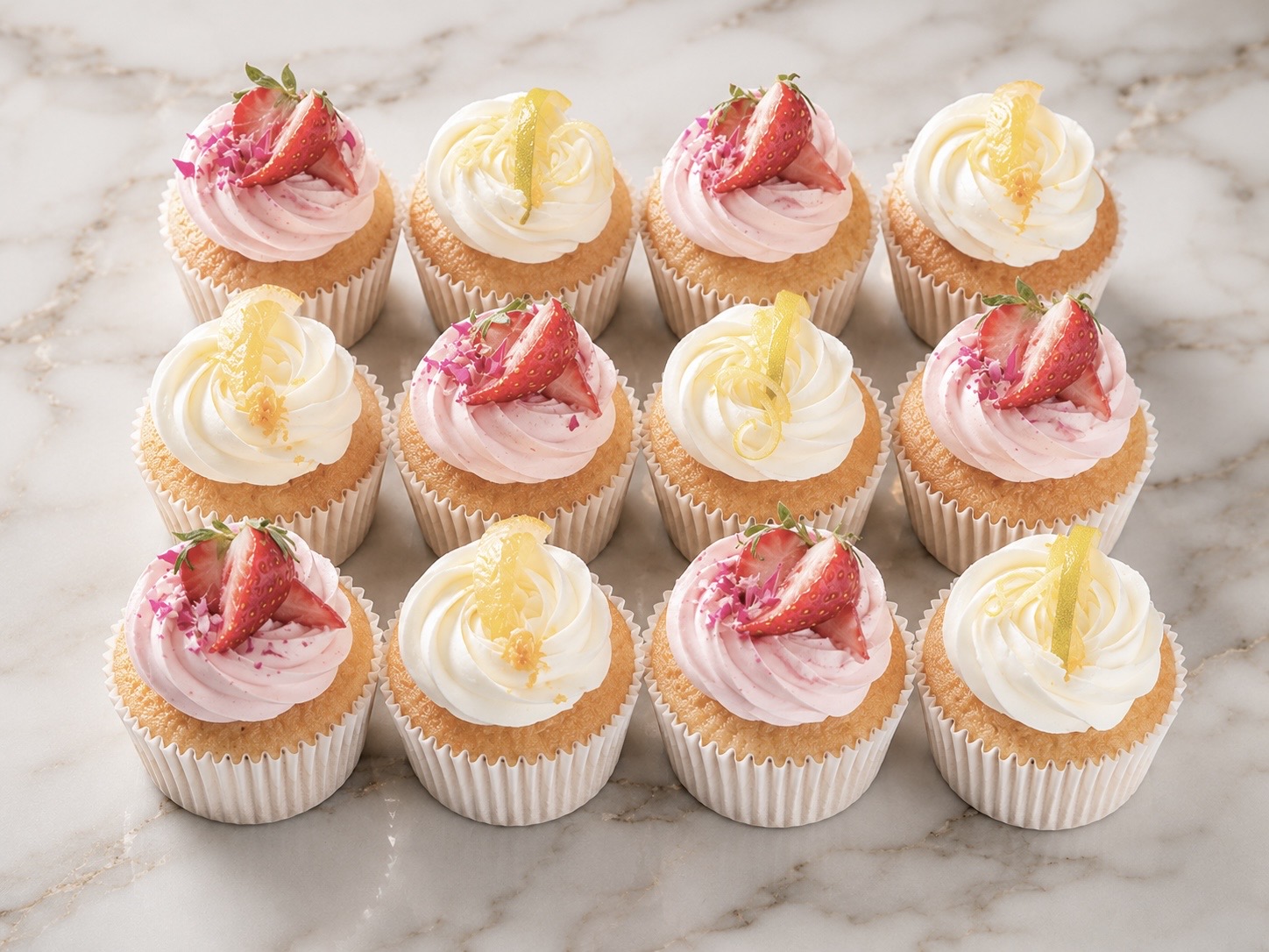 Cupcakes arranged in a grid on a marble surface, topped with white or pink swirls and strawberry halves with lemon zest optional.