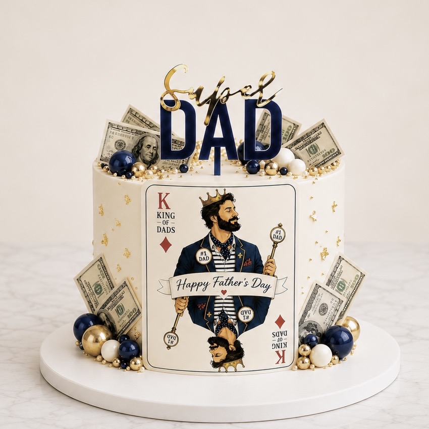 Cake celebrating Father’s Day with a bold blue 'DAD' topper and a gold 'Super Dad' script, surrounded by fake money and decorative beads.
