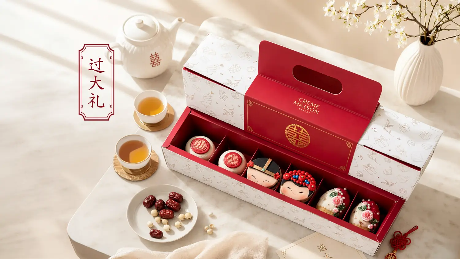 Gift box of festive Chinese pastries in red-and-white packaging, set with tea cups, teapot, and a vase of white blossoms on a light table.