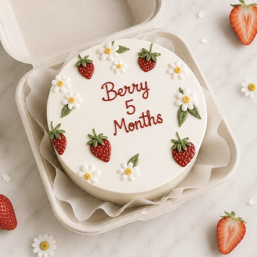 Round white cake in a takeout box, with red icing reading 'Berry 5 Months' and strawberry-and-daisy decorations nearby for a celebration milestone in sweets.