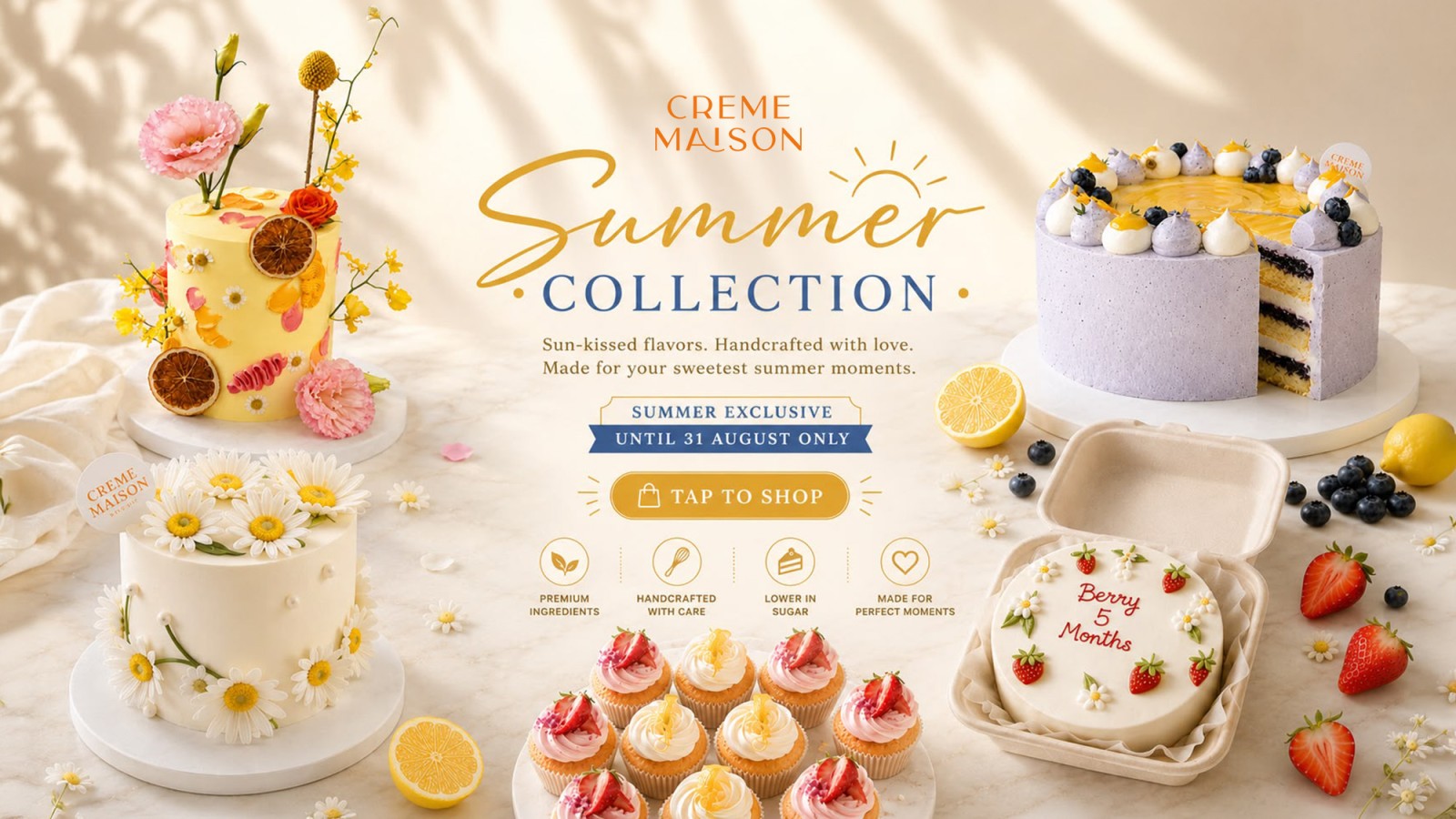 Summer dessert collection banner with colorful cakes, cupcakes, and flowers, inviting to tap to shop.