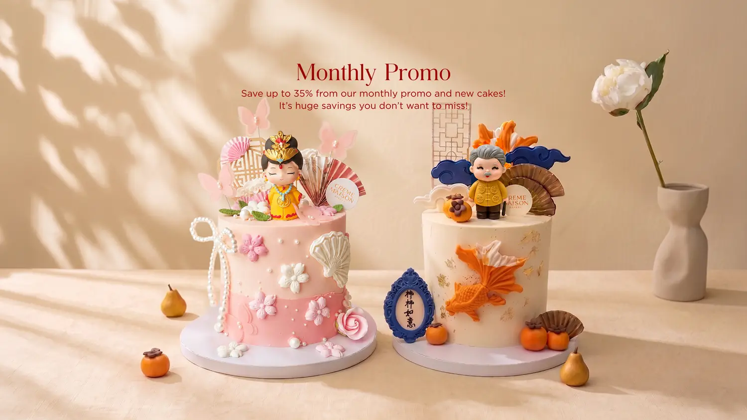 Two decorated celebration cakes with playful toppers and ornate decorations; red 'Monthly Promo' text above.
