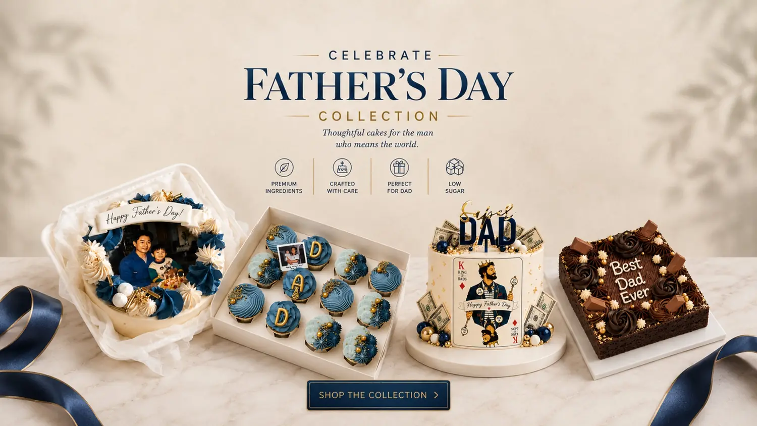 Banner for a Father's Day collection showing four celebratory cakes: a photo cake saying 'Happy Father's Day', a box of blue cupcakes spelling D-A-D, a round cake with 'DAD' topper and playing-cards theme, and a 'Best Dad Ever' chocolate cake with decorations.