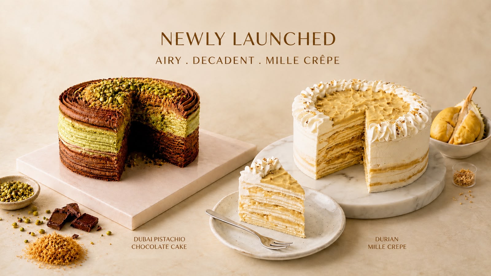 Newly launched desserts: pistachio chocolate cake with layered, green-and-brown stripes and pistachio topping alongside a durian mille-crêpe cake with a plated slice on the table.
