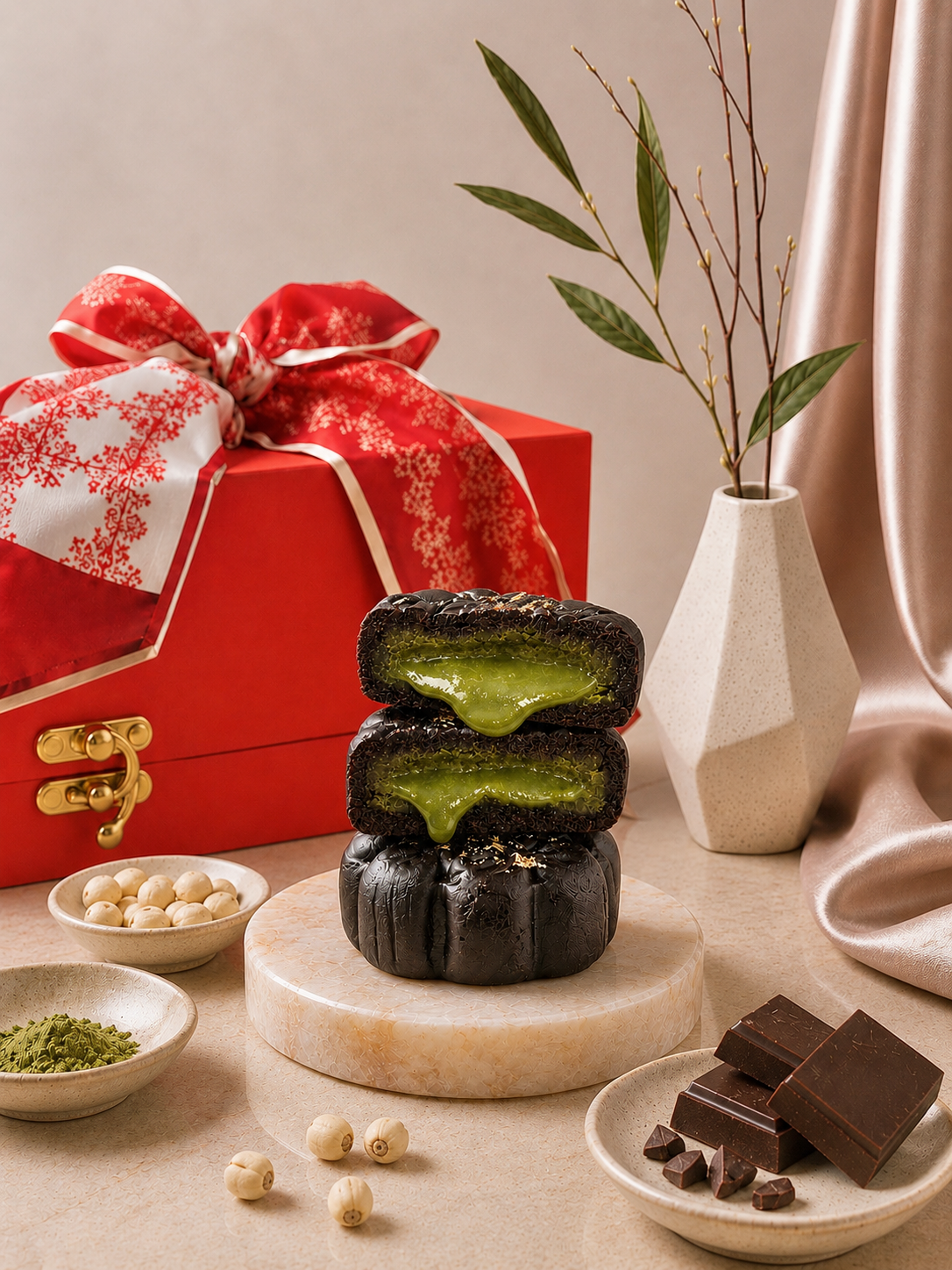 Stacked black mochi with a green filling on a round beige cake stand, next to a red gift box with a white snowflake ribbon, a geometric vase with branches, and plates of chocolate squares and white beans.