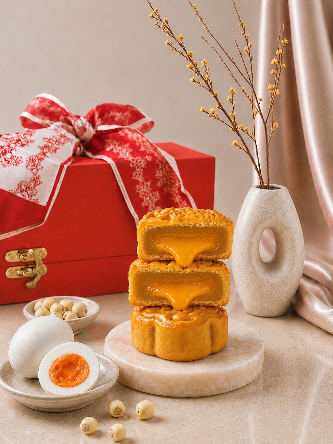 A stack of mooncakes with oozing orange yolk filling on a marble stand, beside a red gift box and a white vase with yellow buds in a festive setting.