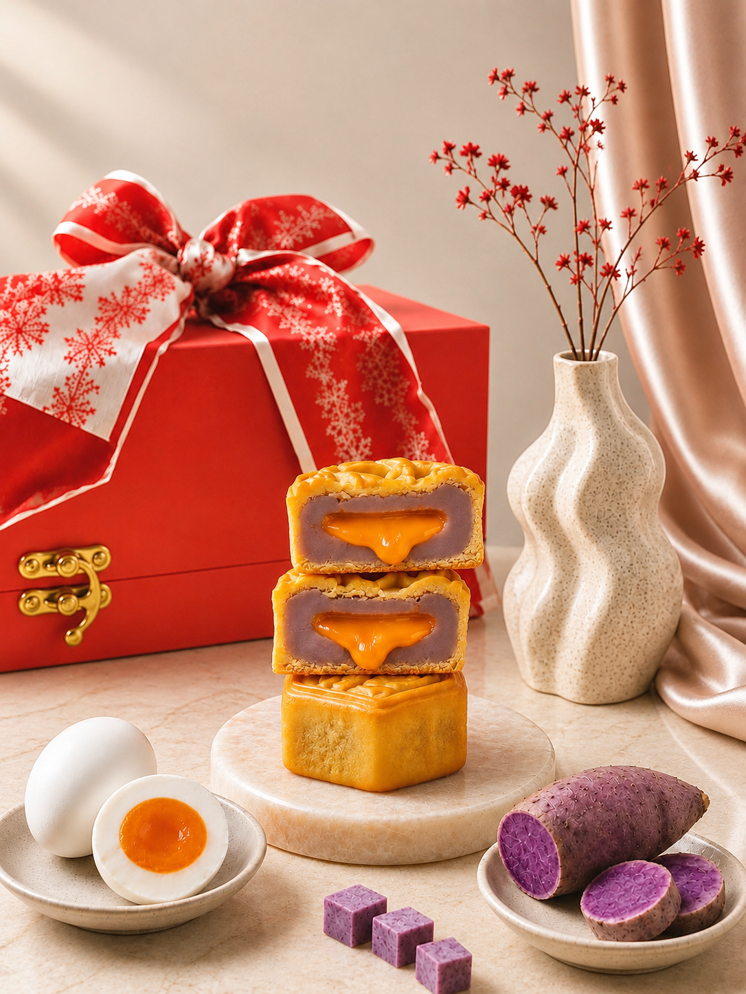 Red gift box with a white snowflake ribbon sits beside a plate of mooncakes on a marble surface, with decorative vase nearby—festive setup.