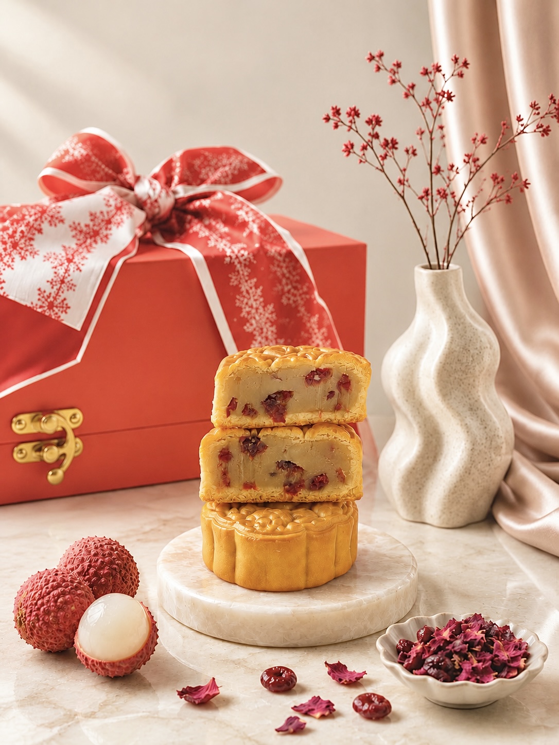 Red gift box with a white-and-red snowflake ribbon sits beside a stack of mooncakes on a marble pedestal, with a vase of red berries in the background.