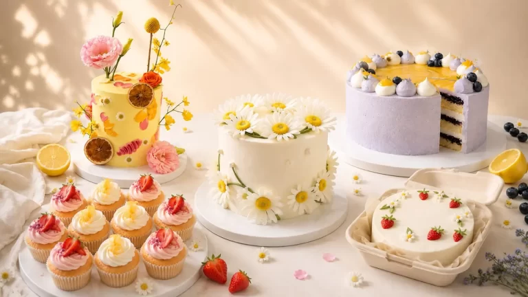 Assorted desserts on a white table: two decorated cakes and cupcakes with floral and fruit decorations.