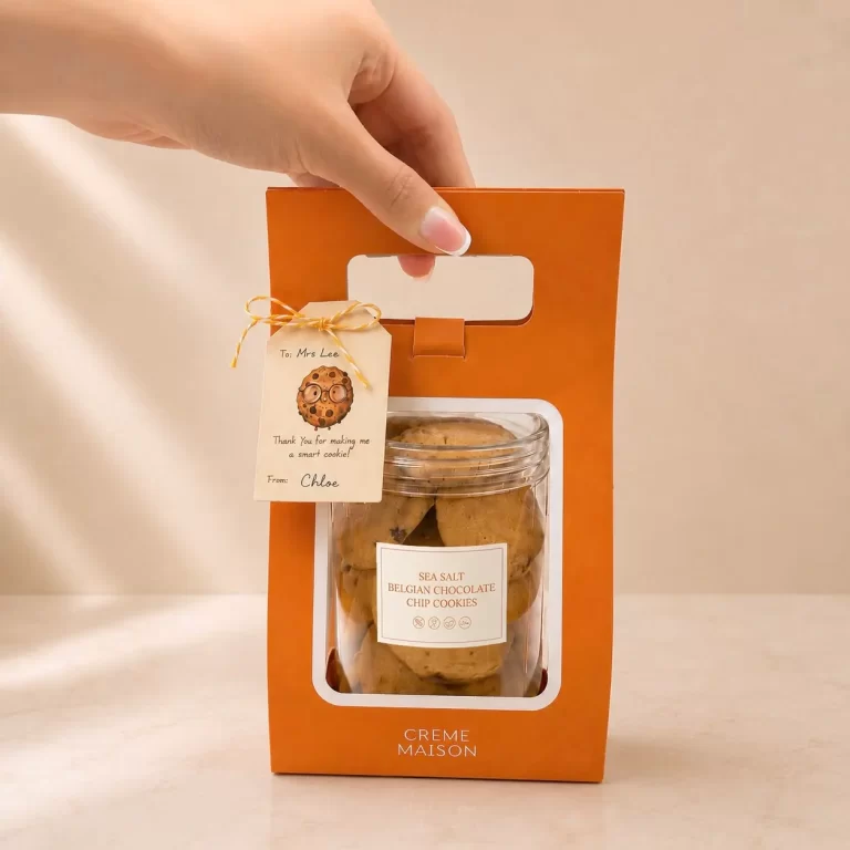 Orange gift box with a clear window showing a jar of Sea Salt Belgian Chocolate Chip Cookies; hand holds the top handle of the box.