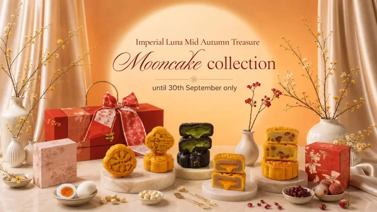 Mooncake collection display for an autumn promo, with gift boxes, assorted mooncakes on marble stands, and decorative vases in a warm backdrop.