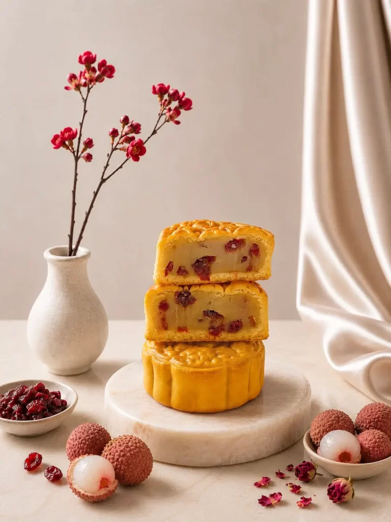 Three stacked mooncakes on a marble pedestal beside a vase with pink blossoms and a plate of lychees.