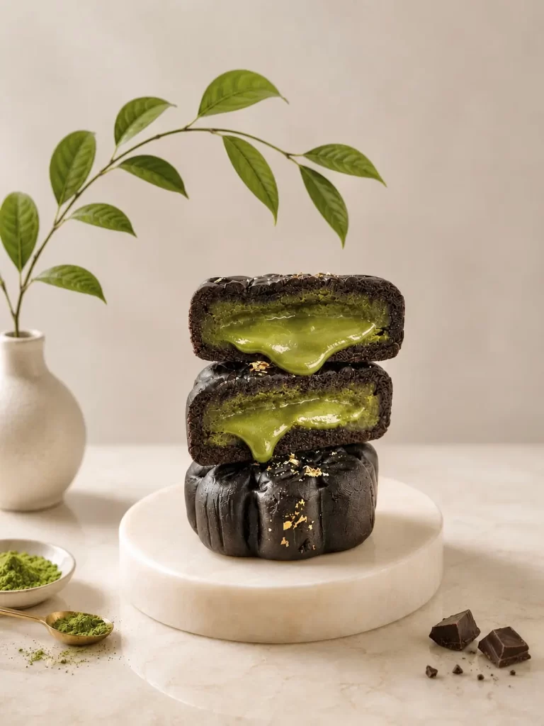 Three dark, glossy pastries stacked on a white marble stand; bright green filling oozes from the centers with gold flecks on the crust, plant in background.