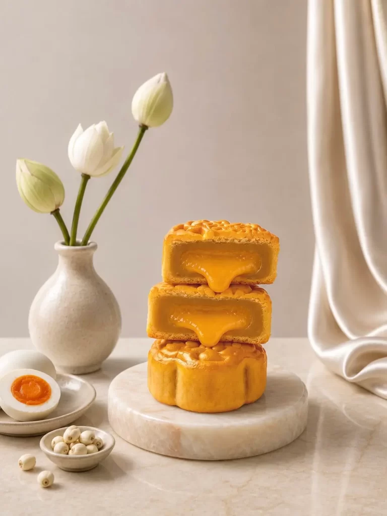 Three golden mooncakes with gooey yolk filling stacked on a marble cake stand, beside a vase of white lotus buds.