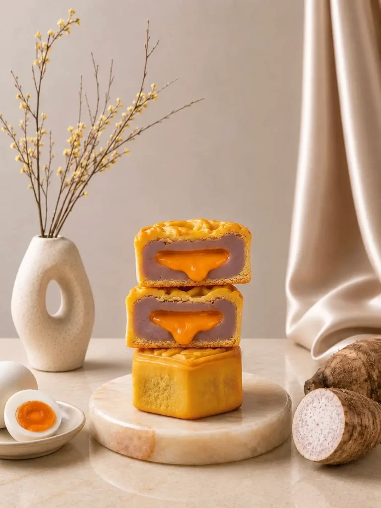 Three stacked mooncakes reveal purple filling with an orange center on a marble board.